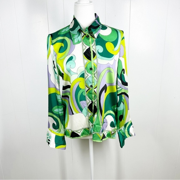 NWT Zara Green Abstract Long Sleeve Button Up Top Small - Picture 1 of 7